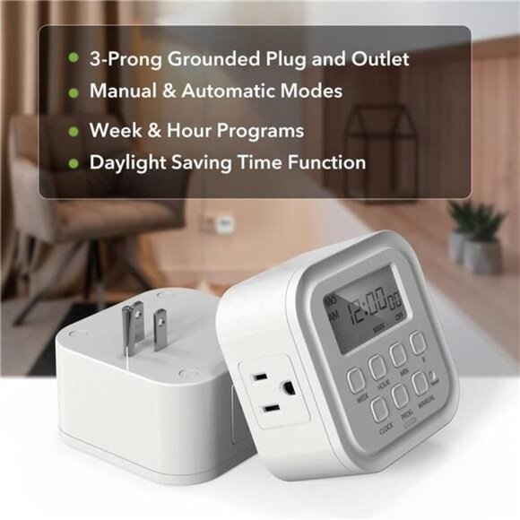 Heavy Duty Digital Timer, Dual Outlet,On/Off Programs 3-Prong Programmable Timer - Picture 3 of 7